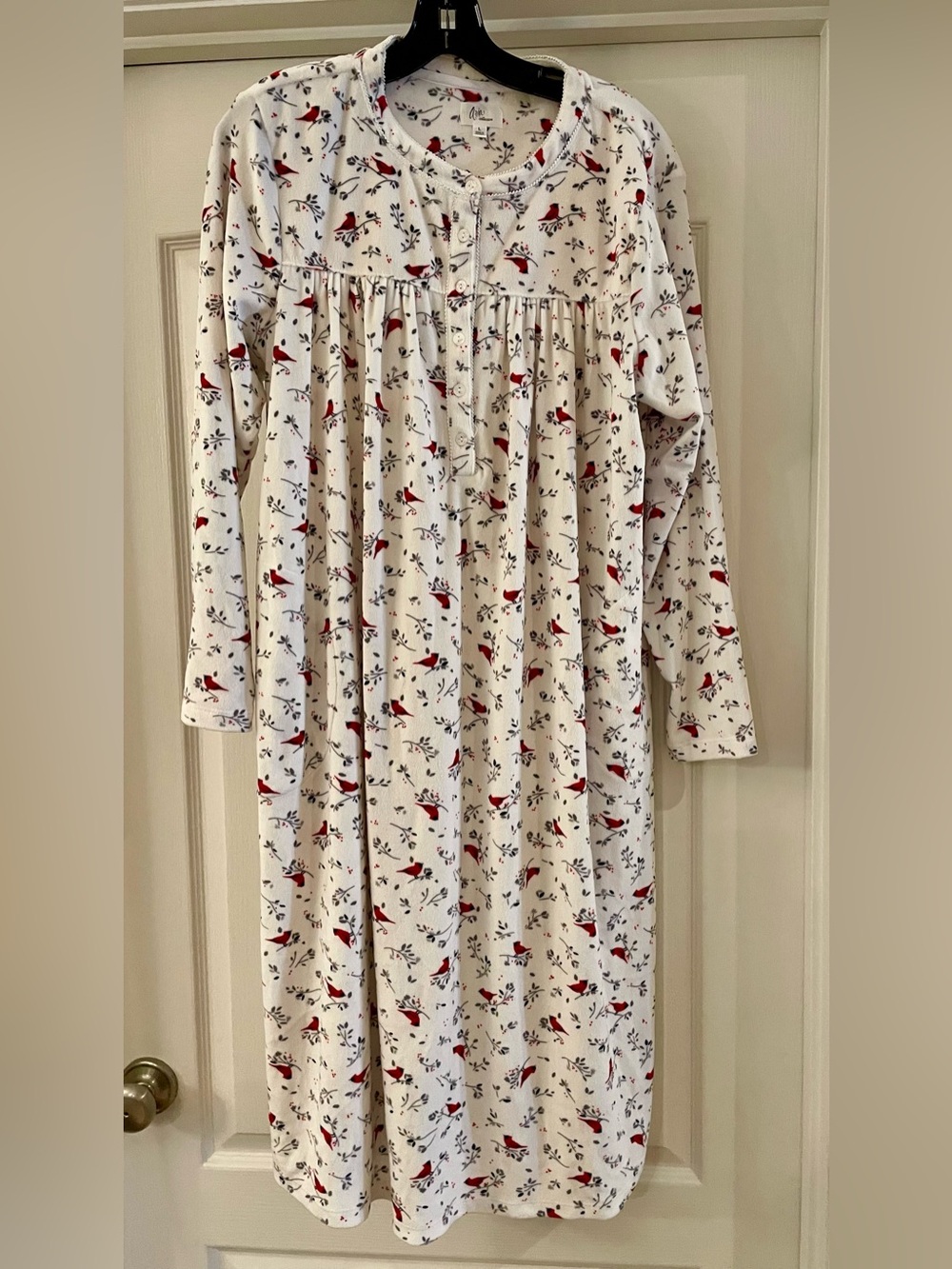 Dalia Collection White Nightgown with Red Bird Print Mid Calf with 2 side pocket